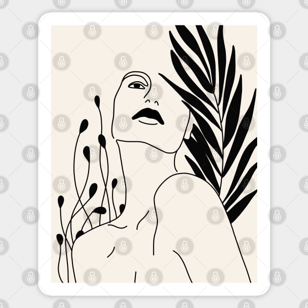 Woman Portrait And Plant Leaves Line Art Sticker by Trippycollage